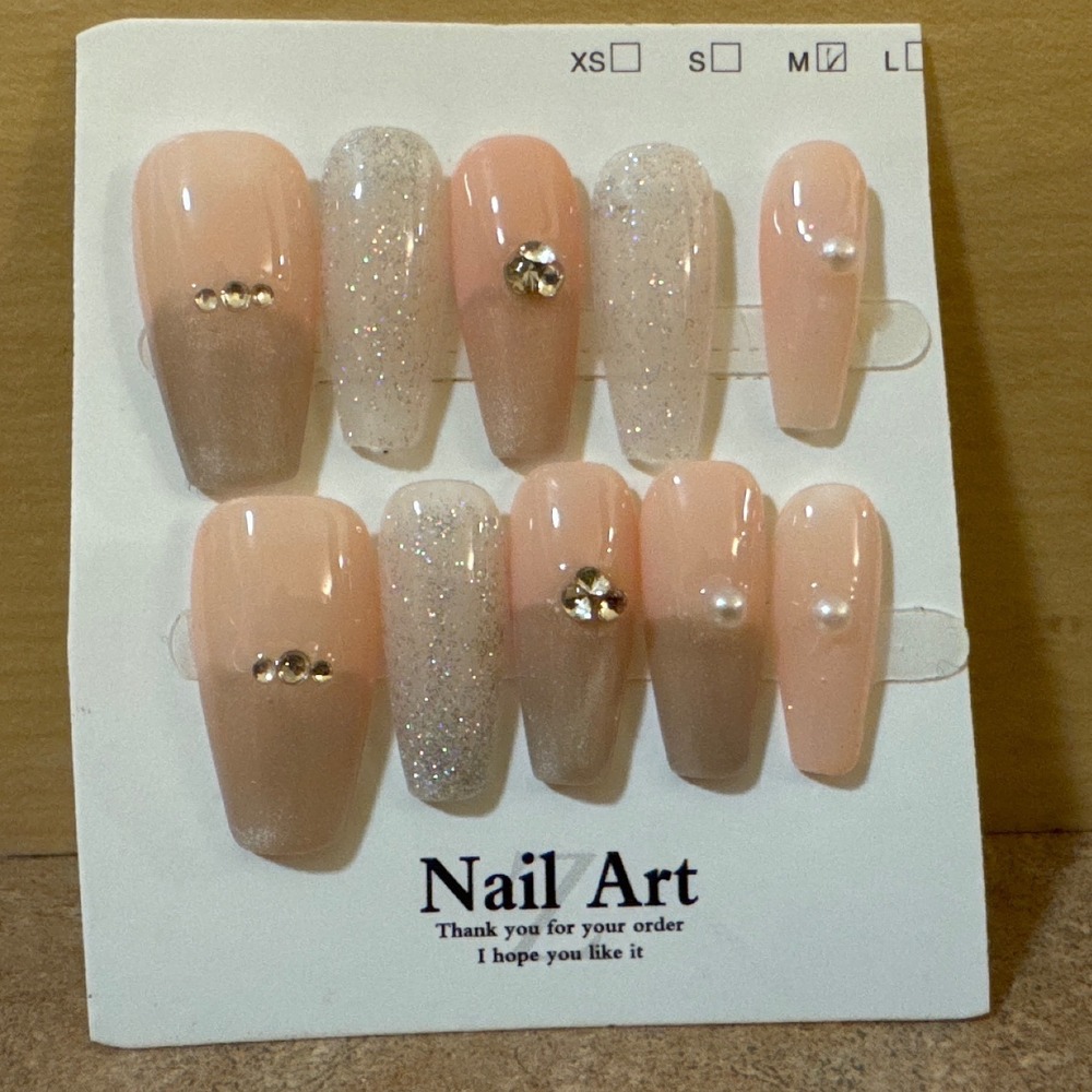 Nude Tan Glitter Press On Nails Coffin Medium Rhinestone Pearl 10pc Set